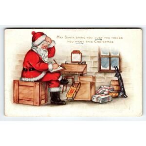 Christmas Postcard Santa Claus Scratches His Head Whitney Wrapped Gifts Sled